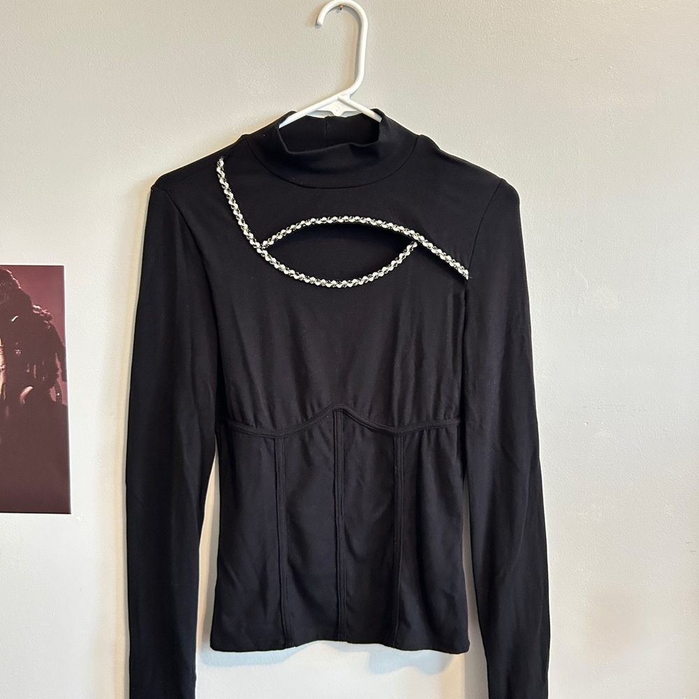 Black Long Sleeve Mock Neck Top with Silver Chain Detail